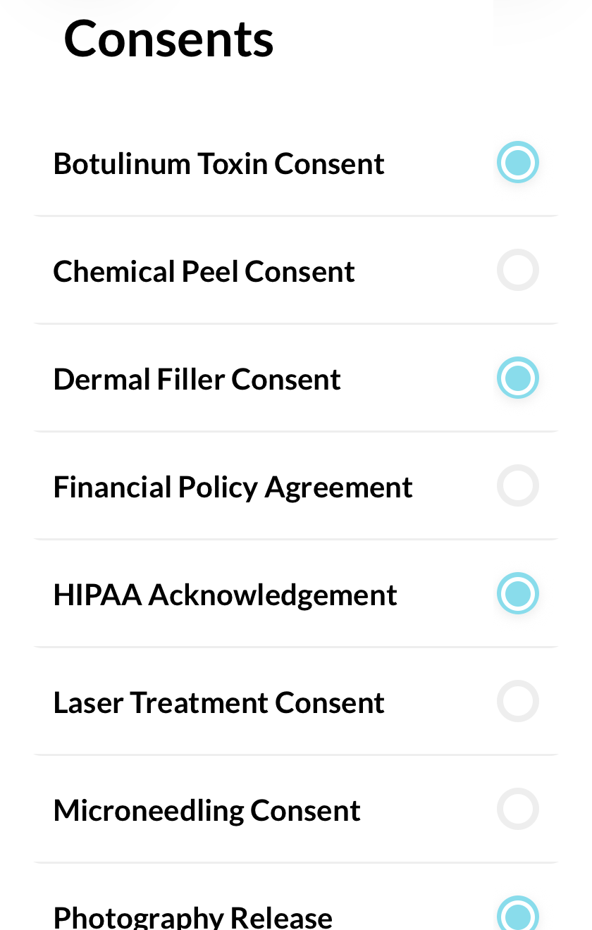 The Consents screen: the practice's forms with four selected